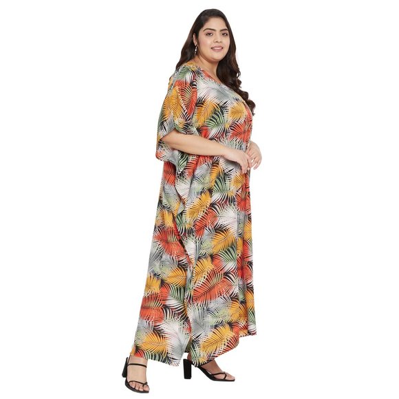 Women Multicolor Polyester Leaf Printed Kaftan Maxi Party Dress by Gypsie Blu - Picture 6 of 9